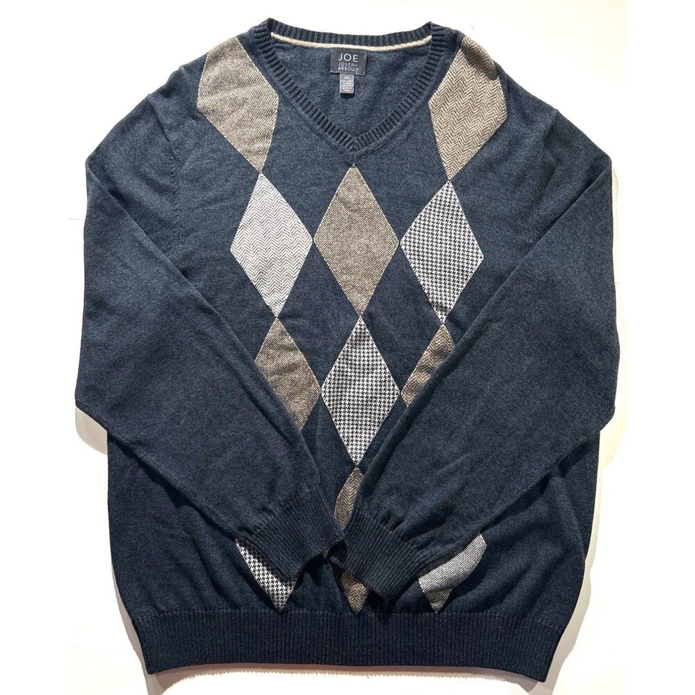 Joseph Abboud Mens XL Argyle V-Neck Sweater Navy & Tan 100% Cotton